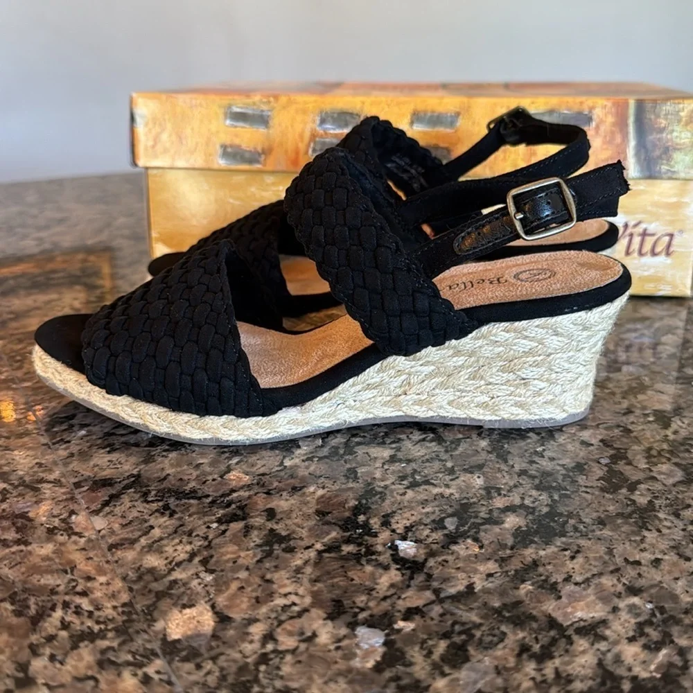 Bella Vita Mariela black suede espadrilles 2” wedge sandal NIB 6.5